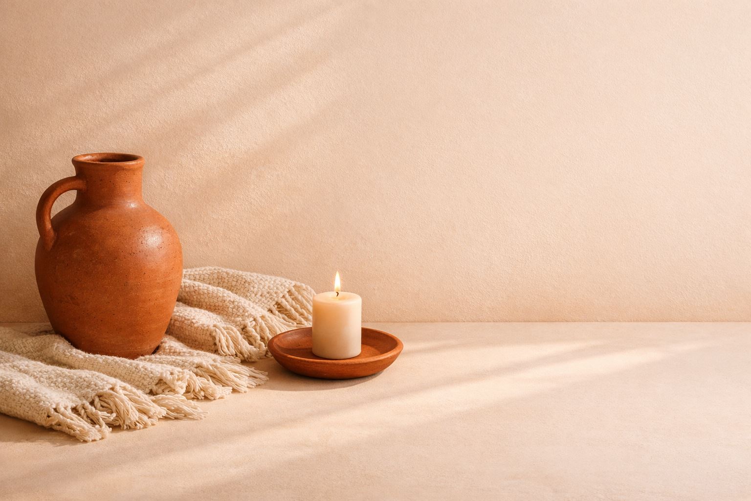 Tienda online de decoración, con un jarrón de cerámica y una vela